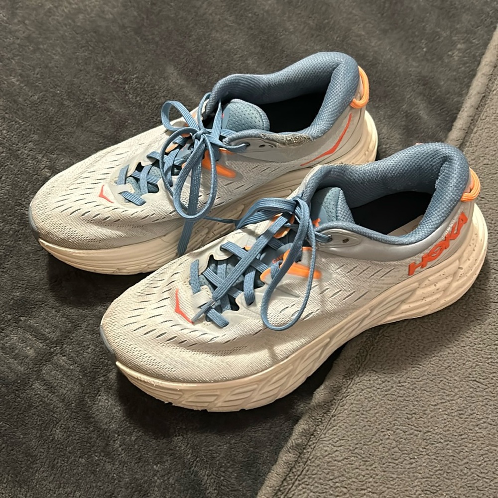 Hoka Athletic Shoes in Light Blue and Orange